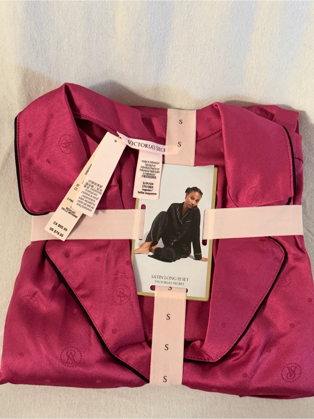Victoria's Secret Satin Long PJ Set - Hot Pink with Black Trim